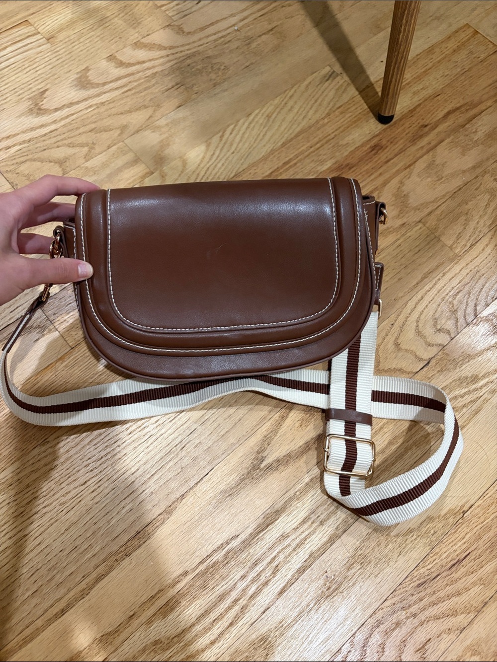 H&M Brown Crossbody Bag with Cream-and-Brown Striped Strap